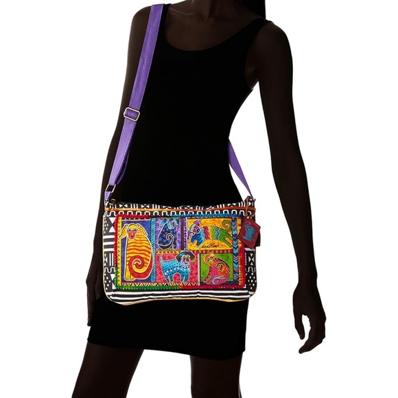 New Laurel Burch Dog Tails Colorful Medium Size Crossbody Bag Top Zip Mirror - Picture 1 of 11